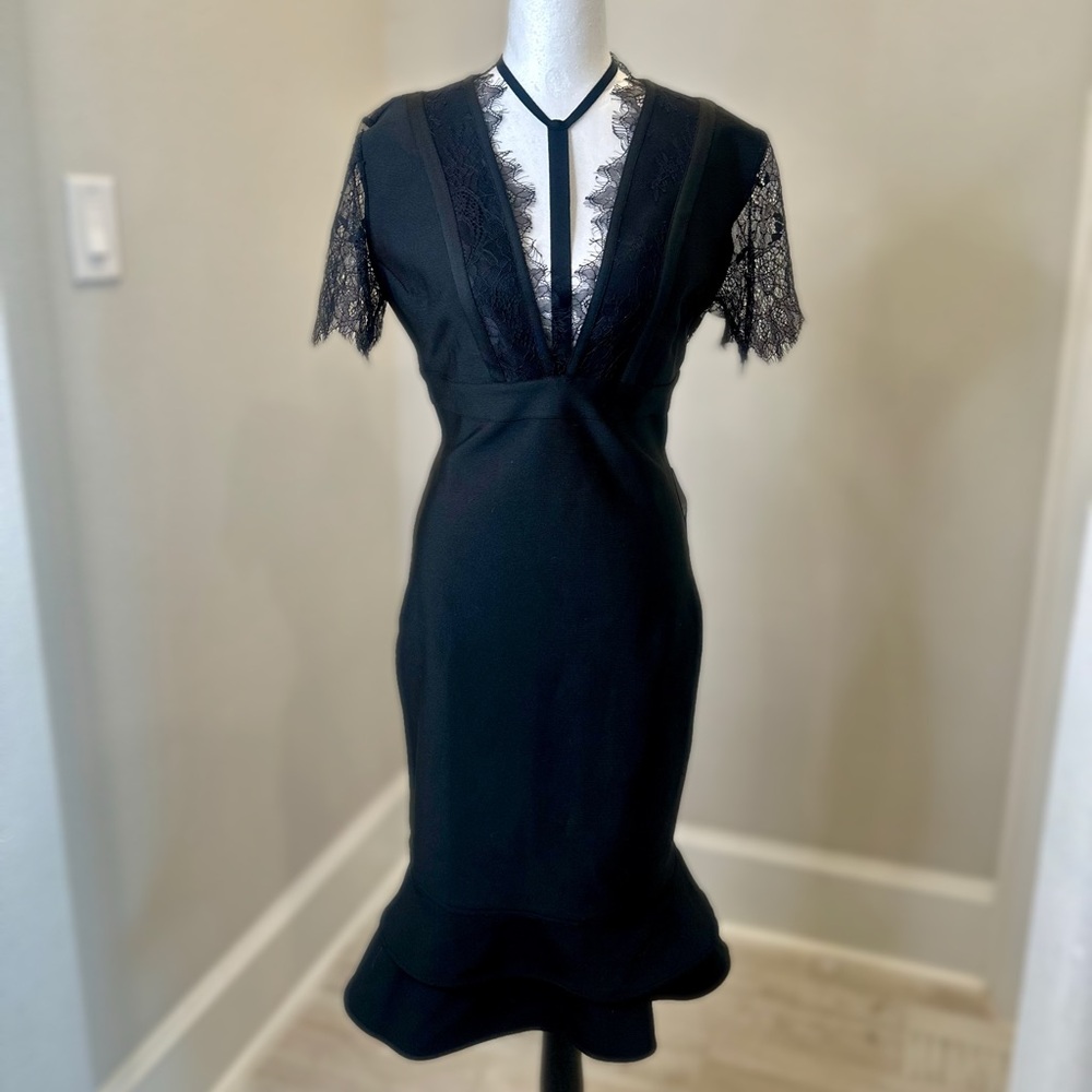 VENUS Black Sheath Midi Dress with Plunge Neckline